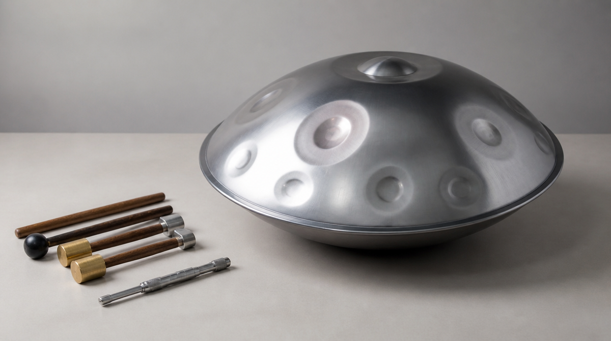 Handpan sur un Ã©tabli avec marteaux de prÃ©cision et outil d accordage Image