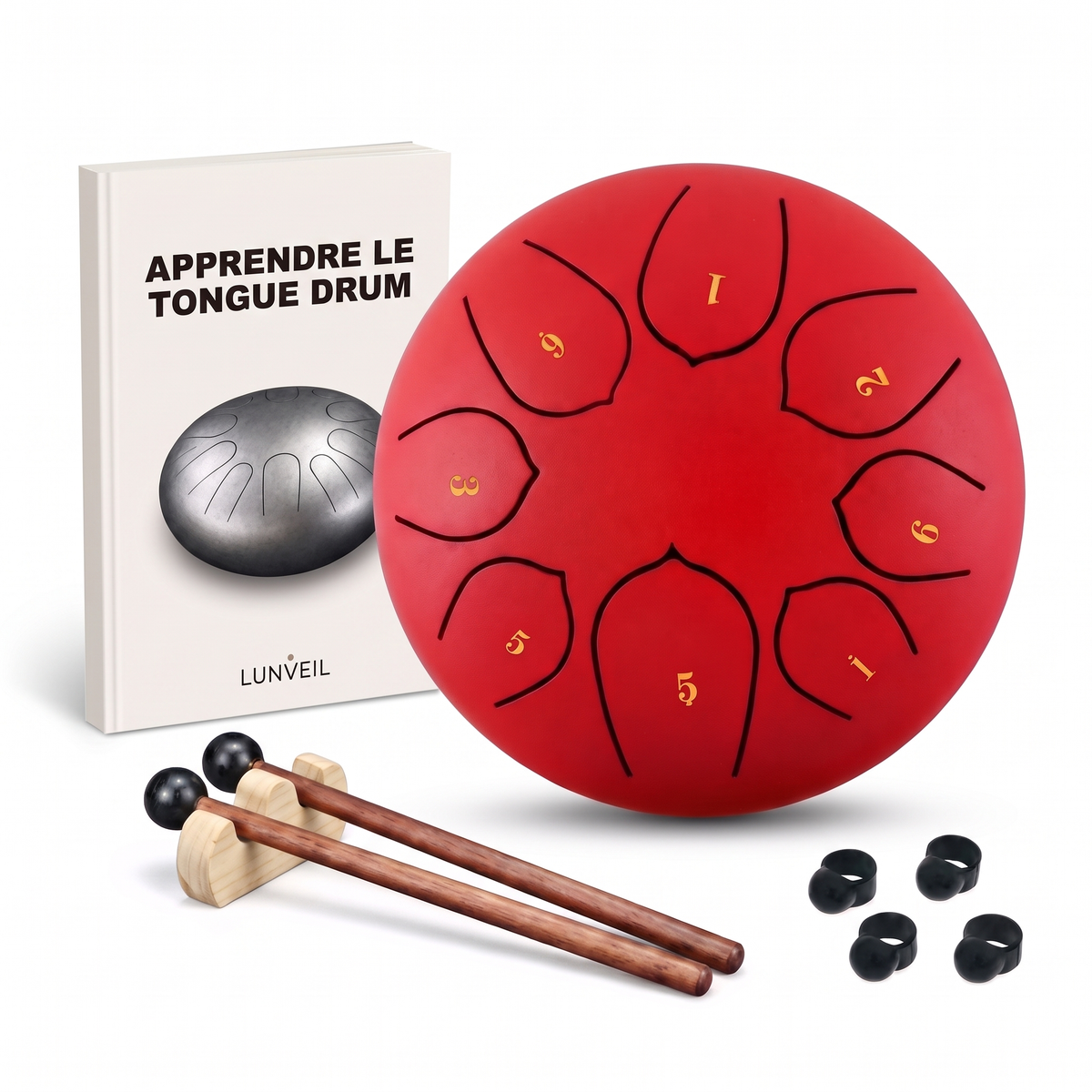 Pack tongue drum KYARA rouge avec méthode Lunveil, mailloches et protège-doigts