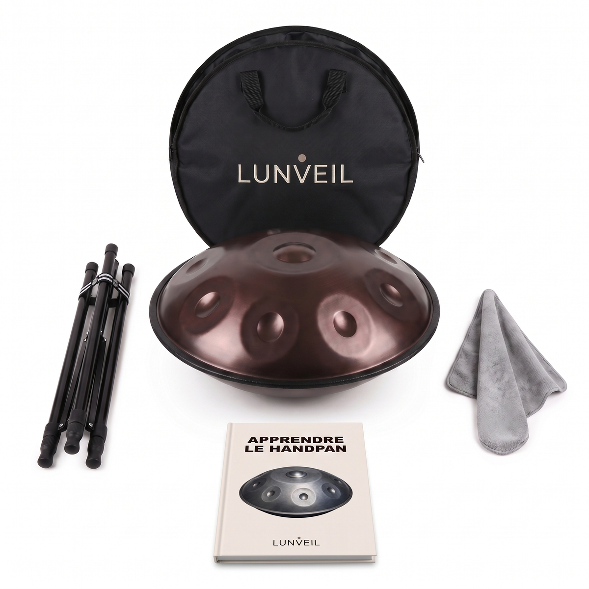 Pack handpan VELKAR Lunveil : instrument, housse, trépied, chiffon et méthode