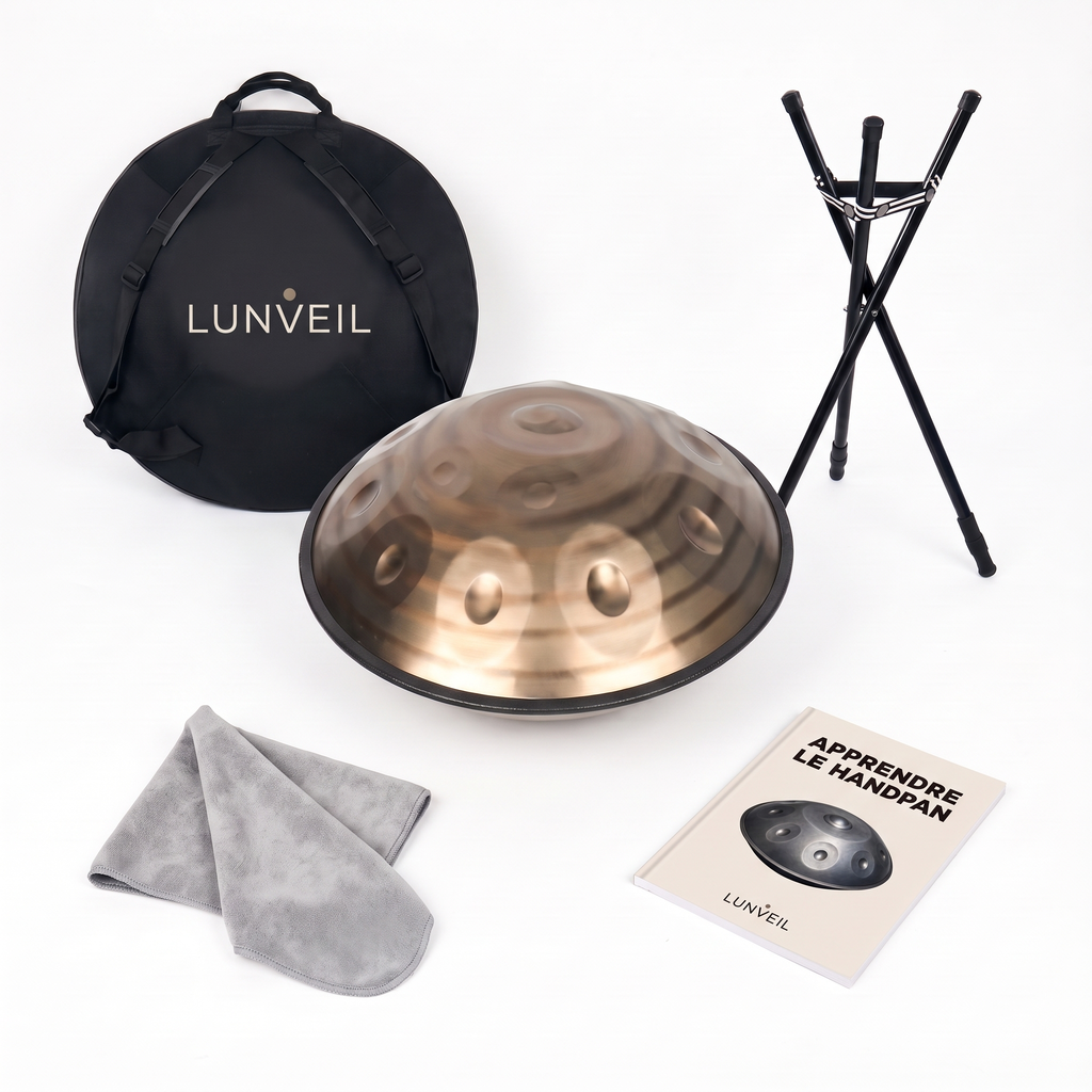 Pack handpan KAIROSÉ Lunveil : instrument, housse, trépied, chiffon et méthode
