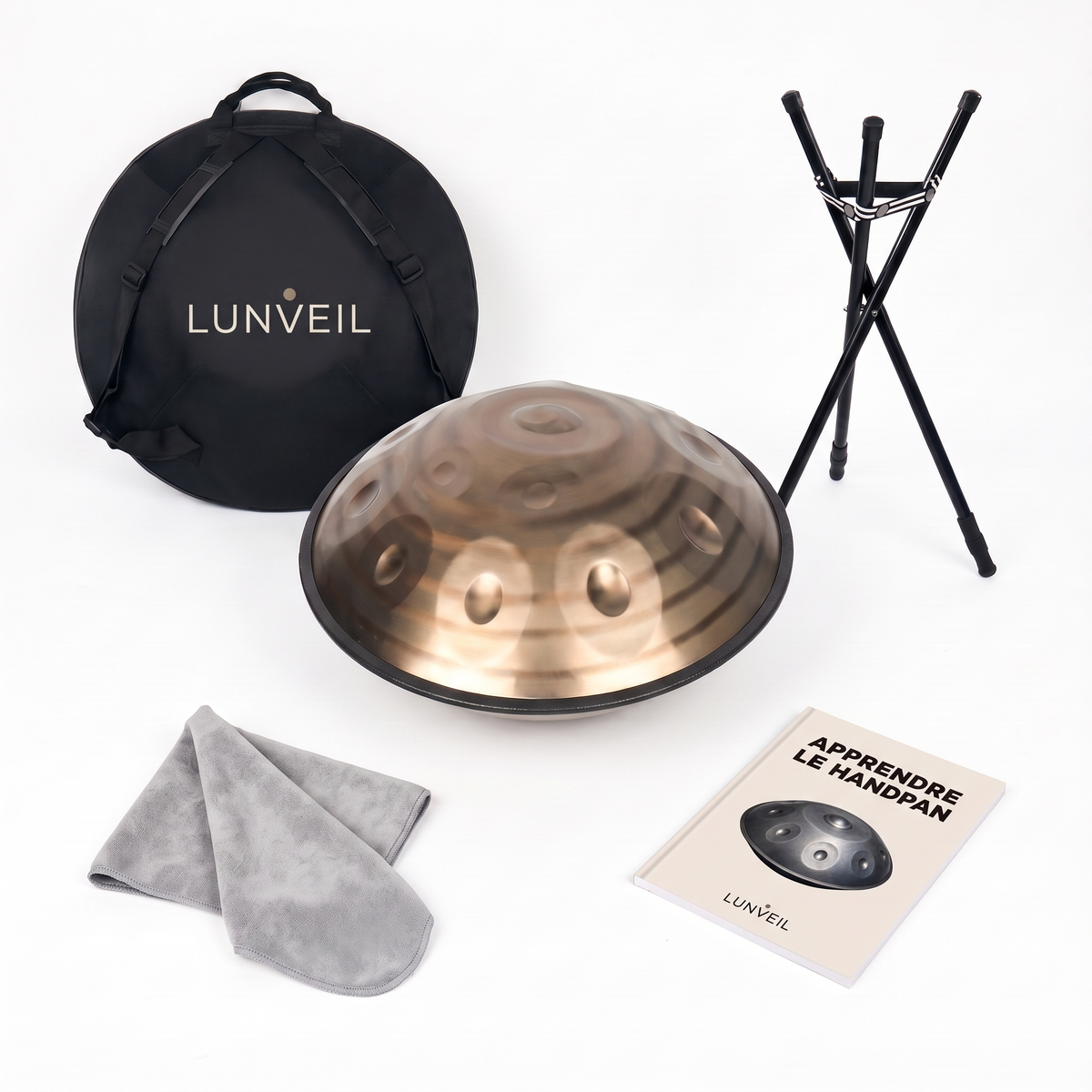 Pack handpan KAIROSÉ Lunveil : instrument, housse, trépied, chiffon et méthode