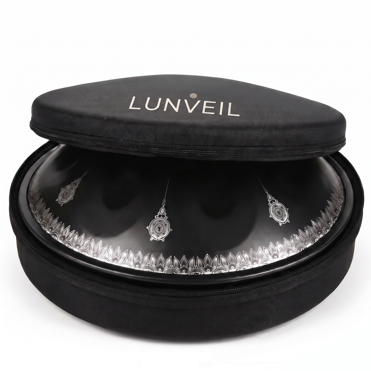 Handpan AELION dans sa housse de transport rembourrée Lunveil