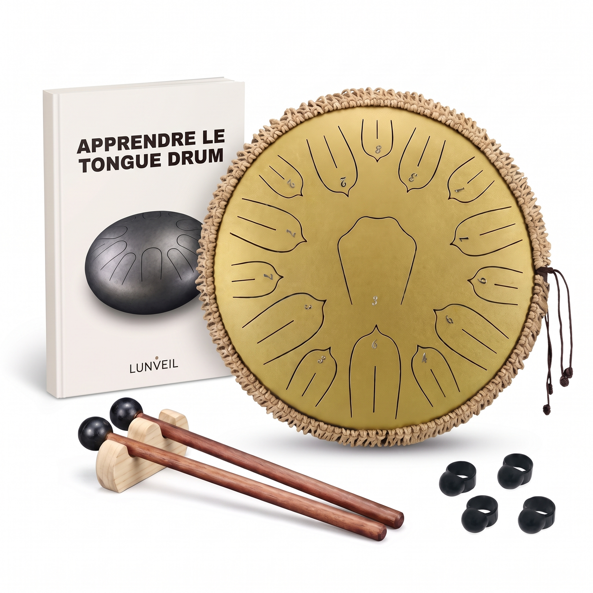 Pack tongue drum ORÏN jaune avec méthode Lunveil, mailloches et protège-doigts