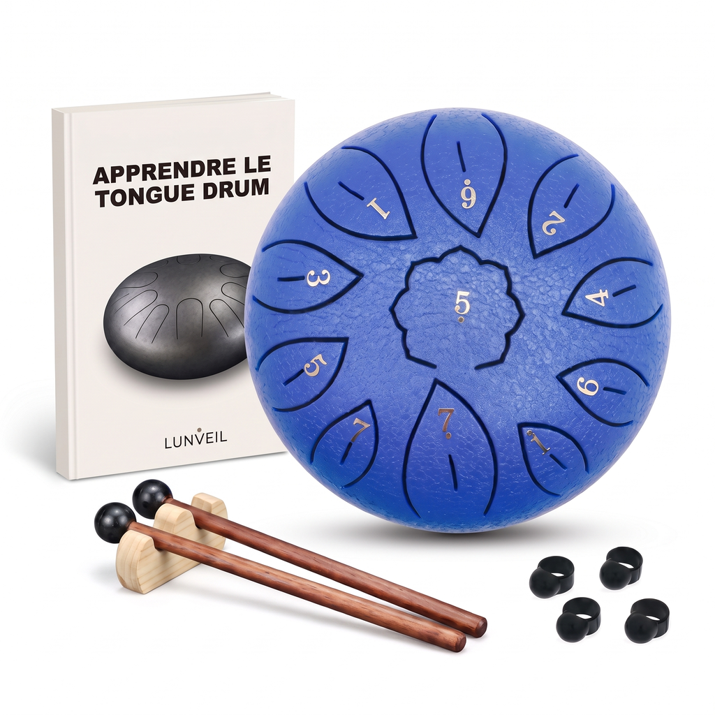 Pack tongue drum NÖRA bleu avec méthode Lunveil, mailloches et protège-doigts