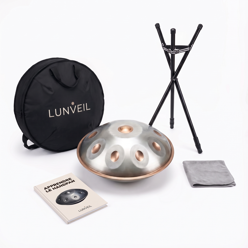 Pack handpan LUMAE Lunveil : instrument, housse, trépied, chiffon et méthode