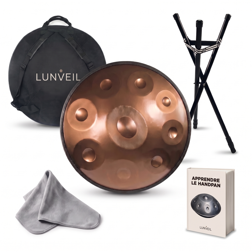 Pack handpan MYRÄN Lunveil : instrument, housse, trépied, chiffon et méthode