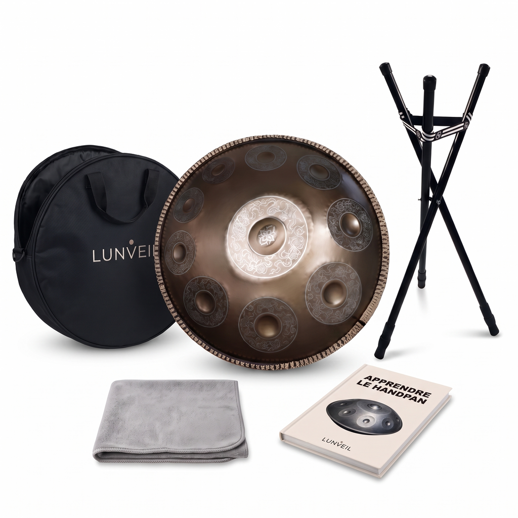 Pack handpan ORINTHA Lunveil : instrument, housse, trépied, chiffon et méthode