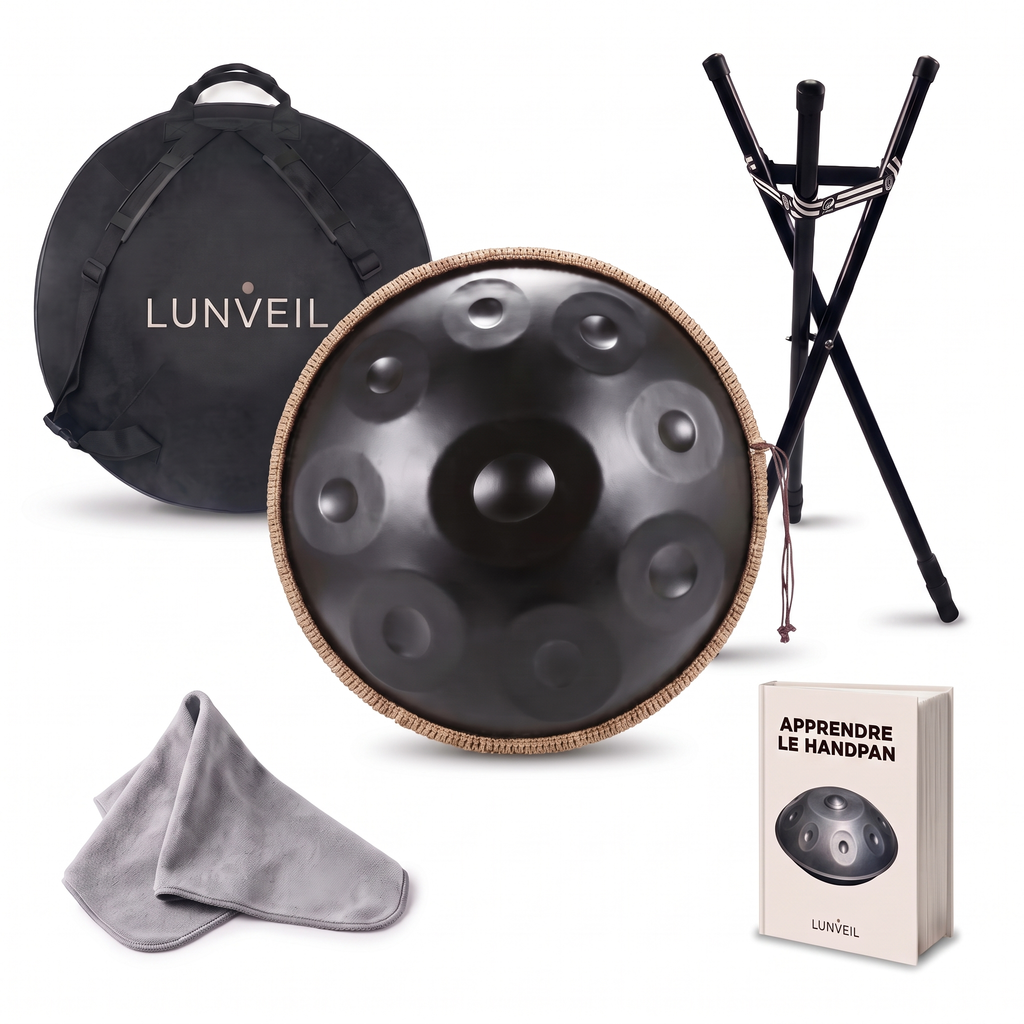 Pack handpan AZKAR Lunveil : instrument, housse, trépied, chiffon et méthode