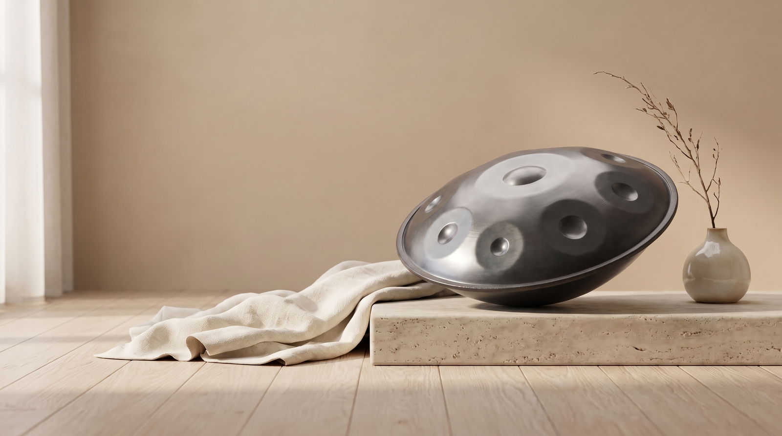 Handpan on a stone stand in a bright living room